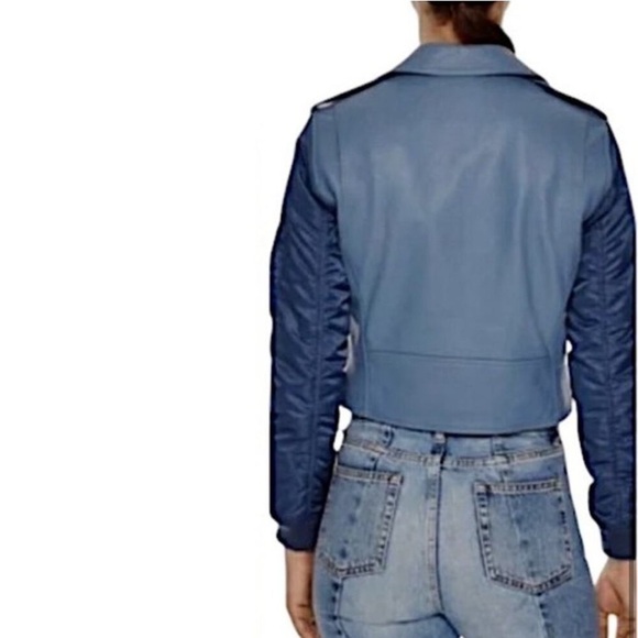 SANDRO Blue Ruched Shell-Paneled Sleeves Leather Goat Biker Jacket - Picture 6 of 16